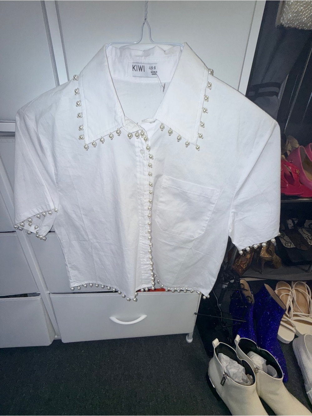 Kiwi White Pearl-Embellished Button-Up Shirt